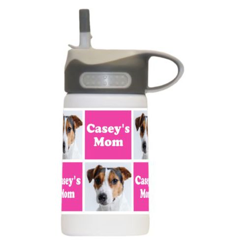 Boys water bottle personalized with a photo and the saying "Casey's Mom" in juicy pink and white