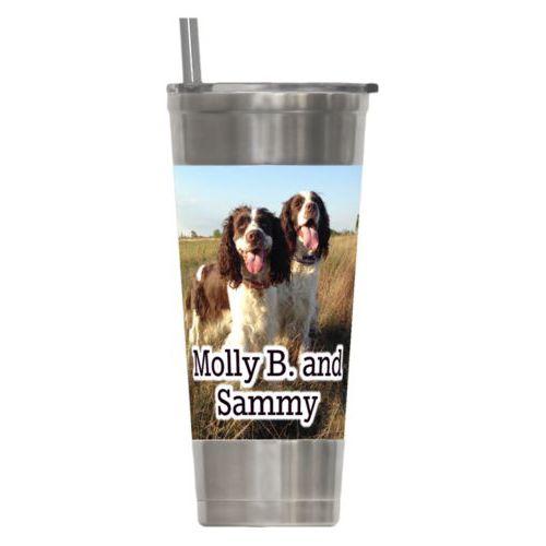 Personalized insulated steel tumbler personalized with photo and the saying "Molly B. and Sammy"