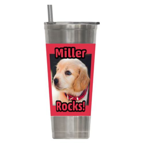 Personalized insulated steel tumbler personalized with photo and the sayings "Miller" and "Rocks!"