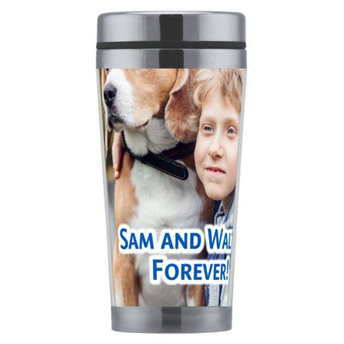 Personalized coffee mug personalized with photo and the saying "Sam and Walter Forever!"