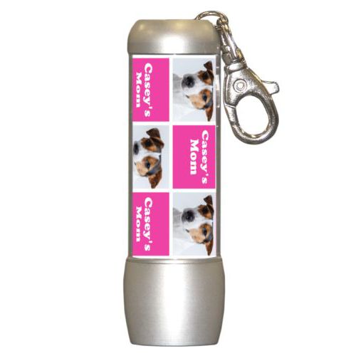Personalized flashlight personalized with a photo and the saying "Casey's Mom" in juicy pink and white