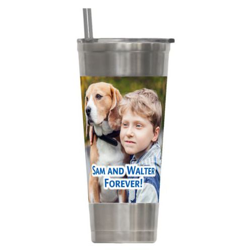 Personalized insulated steel tumbler personalized with photo and the saying "Sam and Walter Forever!"