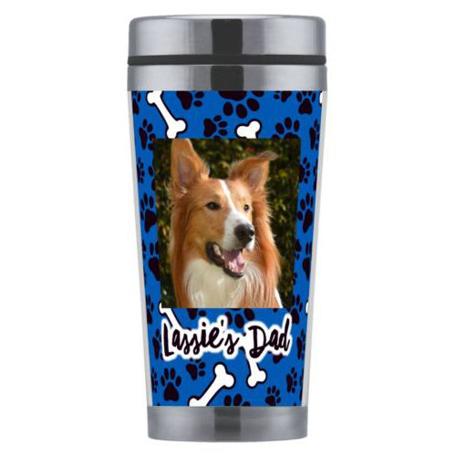 Personalized coffee mug personalized with evidence pattern and photo and the saying "Lassie's Dad"