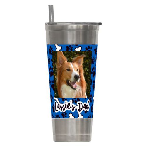 Personalized insulated steel tumbler personalized with evidence pattern and photo and the saying "Lassie's Dad"