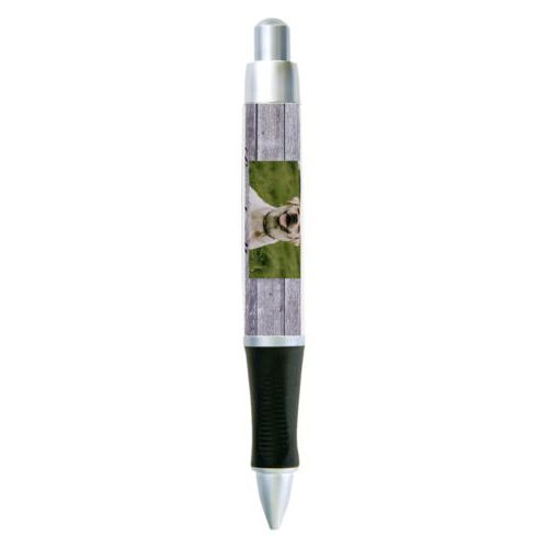 Personalized pen personalized with grey wood pattern and photo and the saying "Loved Always"