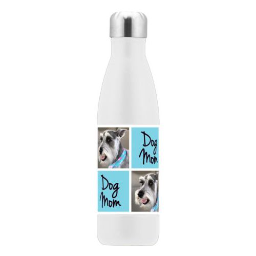 Cute stainless steel water bottle personalized with a photo and the saying "dog mom" in black and sweet teal
