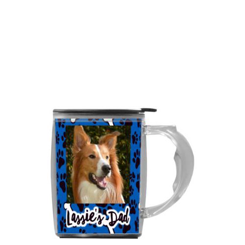 Custom mug with handle personalized with evidence pattern and photo and the saying "Lassie's Dad"