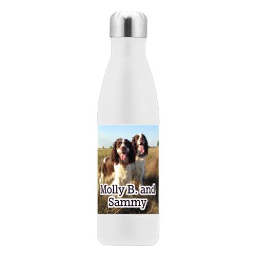 Custom insulated water bottle personalized with photo and the saying "Molly B. and Sammy"
