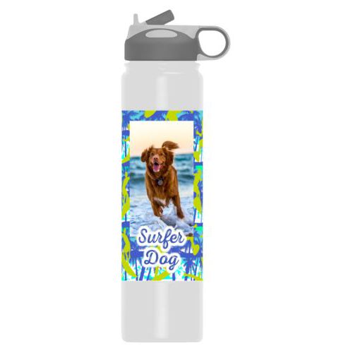 Personalized water bottle personalized with sup pattern and photo and the saying "Surfer Dog"