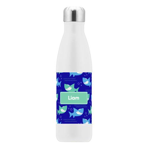 Insulated water bottle personalized with sharks pattern and name in mint