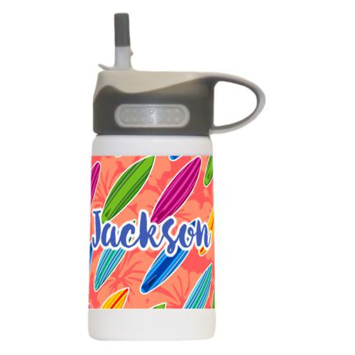 Preschool water bottle personalized with boards pattern and the saying "Jackson"