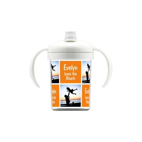 Personalized sippycup personalized with a photo and the saying "Evelyn loves the Beach" in juicy orange and white