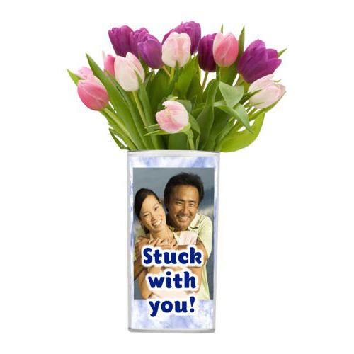 Personalized vase personalized with blue marble pattern and photo and the saying "Stuck with you!"
