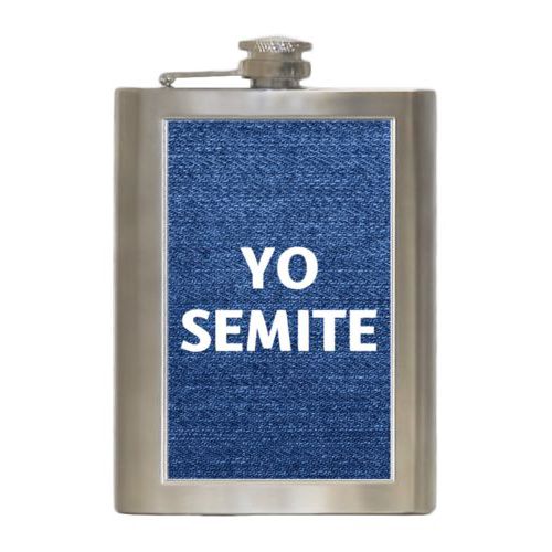Personalized 8oz flask personalized with denim industrial pattern and the saying "YO SEMITE"