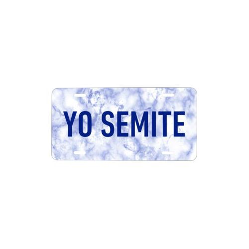 Personalized license plate personalized with blue marble pattern and the saying "YO SEMITE"
