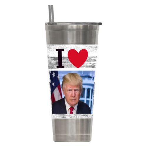 24oz insulated steel tumbler personalized with "I Love Trump" with photo design