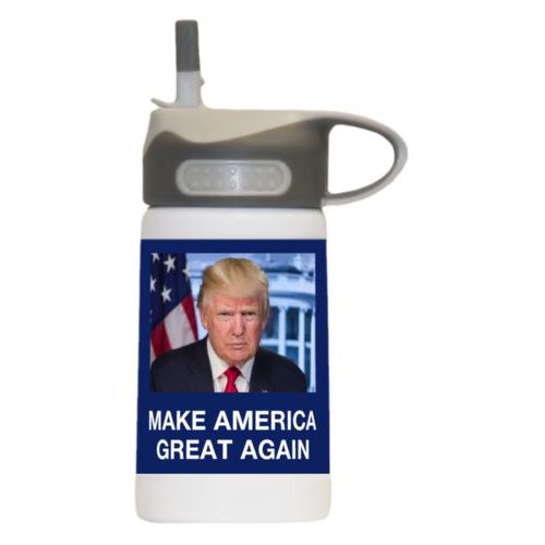 12oz insulated steel sports bottle personalized with Trump photo with "Make America Great Again" design