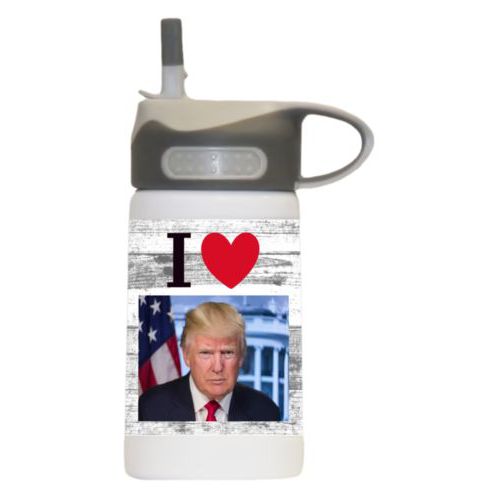 12oz insulated steel sports bottle personalized with "I Love Trump" with photo design