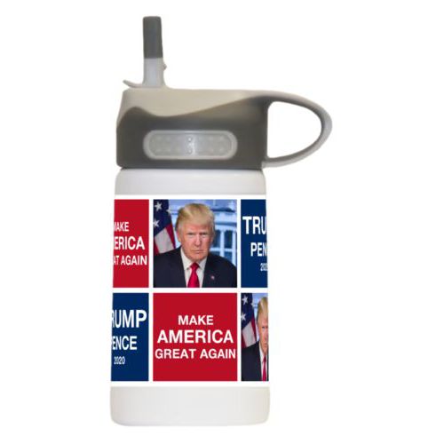 12oz insulated steel sports bottle personalized with Trump photo with "Trump Pence 2020" and "Make America Great Again" tiled design