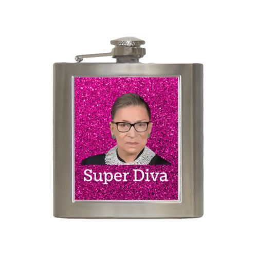 6oz steel flask personalized with Ruth Bader Ginsburg drawing and "Super Diva" design