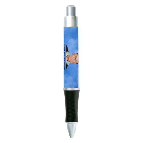 Personalized pen personalized with blue cloud pattern and photo and the saying "Fight for the things you care about!"