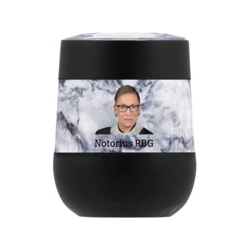 Personalized insulated wine tumbler personalized with white pattern and photo and the saying "Notorius RBG"