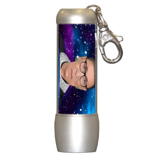 Small bright personalized flasklight personalized with Ruth Bader Ginsburg drawing and "Notorious RGB" on galaxy design
