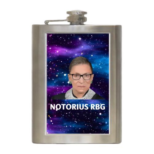 8oz steel flask personalized with Ruth Bader Ginsburg drawing and "Notorious RGB" on galaxy design