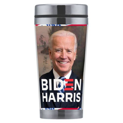 Mug personalized with Biden photo and "Biden Harris" logo on red white and blue design