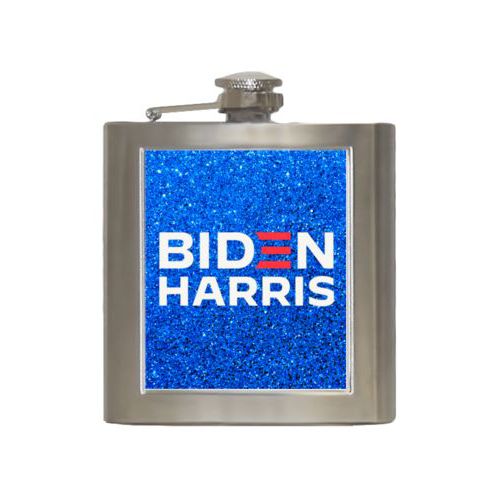6oz steel flask personalized with "Biden Harris" logo on blue design