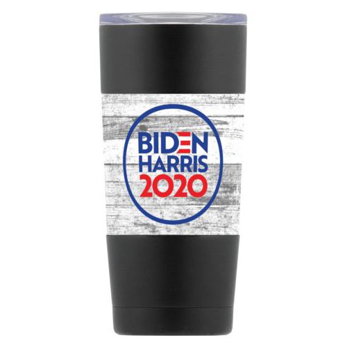 20oz double-walled steel mug personalized with "Biden Harris 2020" round logo on wood grain design
