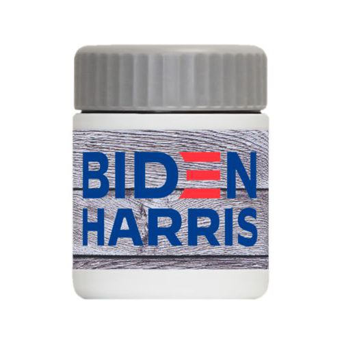 Personalized 12oz food jar personalized with "Biden Harris" logo on wood grain design