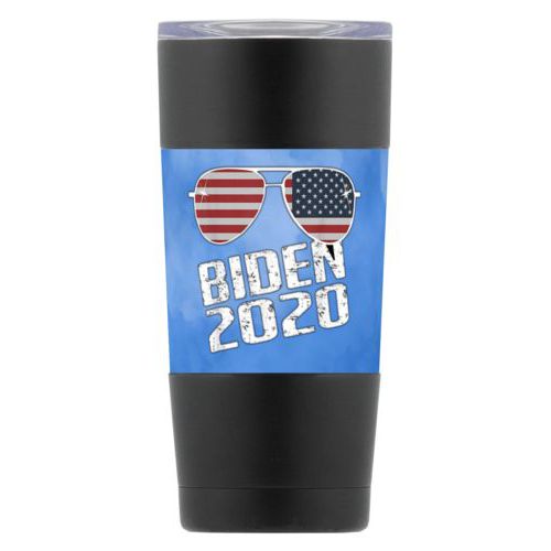 20oz double-walled steel mug personalized with "Biden 2020" sunglasses on blue cloud design