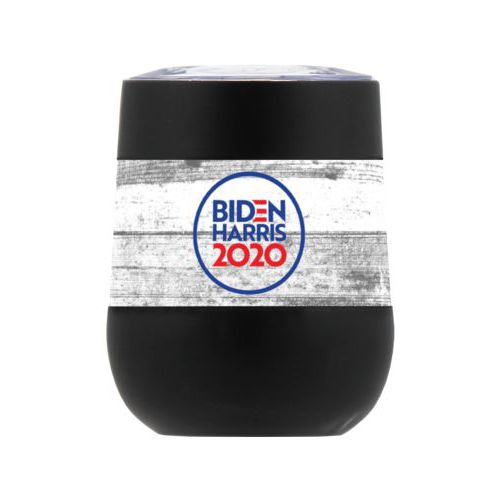 Personalized insulated steel 8oz cup personalized with "Biden Harris 2020" round logo on wood grain design