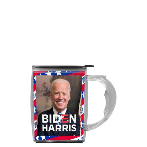 Custom mug with handle personalized with Biden photo and "Biden Harris" logo on red white and blue design