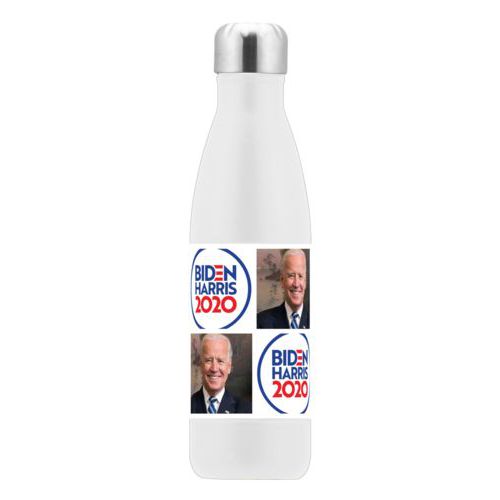 17oz insulated steel bottle personalized with "Biden Harris 2020" round logo and Biden photo tile design