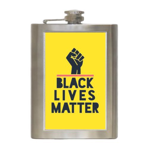 Durable steel flask personalized with "Black Lives Matter" and fist black on yellow design