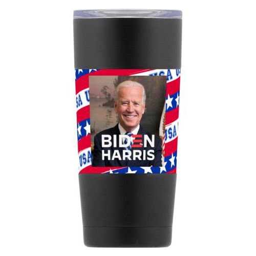 20oz insulated steel mug personalized with Biden photo and "Biden Harris" logo on red white and blue design