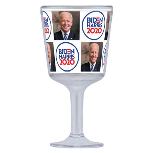 Plastic wine glass personalized with "Biden Harris 2020" round logo and Biden photo tile design