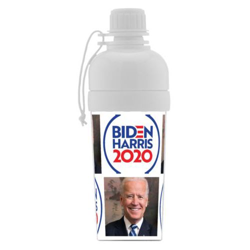 Custom sports bottle personalized with "Biden Harris 2020" round logo and Biden photo tile design