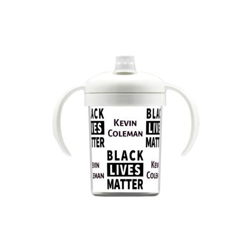 Personalized sippy cup personalized with "Black Lives Matter" and a name black on white tiled design