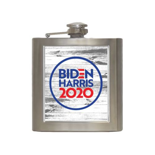 Durable steel flask personalized with "Biden Harris 2020" round logo on wood grain design