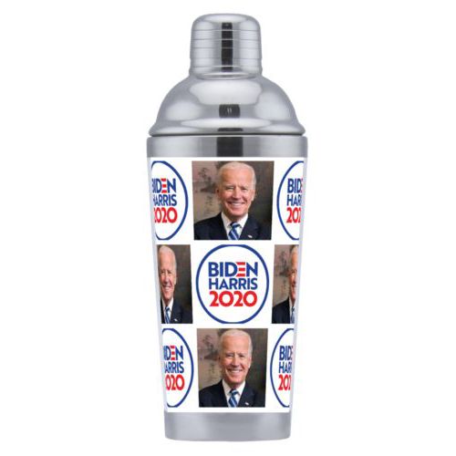 Personalized coctail shaker personalized with "Biden Harris 2020" round logo and Biden photo tile design