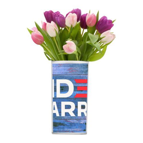 Personalized vase personalized with "Biden Harris" logo on blue wood design