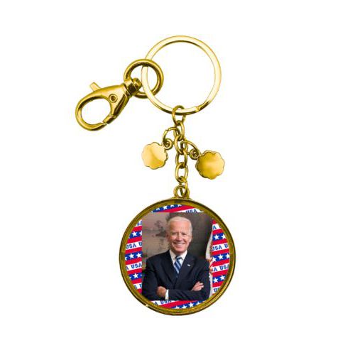 Custom keychain personalized with Biden photo on red white and blue design