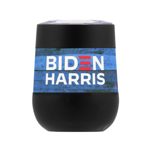 Personalized insulated steel 8oz cup personalized with "Biden Harris" logo on blue wood design