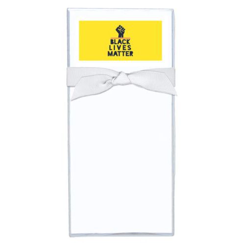 Note sheets personalized with "Black Lives Matter" and fist black on yellow design