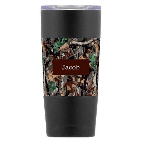 Personalized insulated steel mug personalized with hunting camo pattern and name in chocolate brown party goods