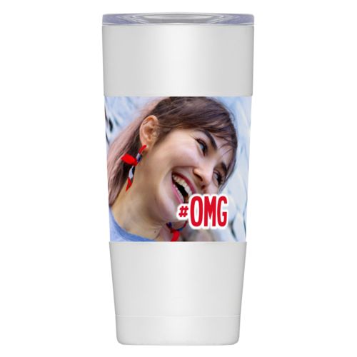 Personalized insulated steel mug personalized with photo and the saying "#omg"