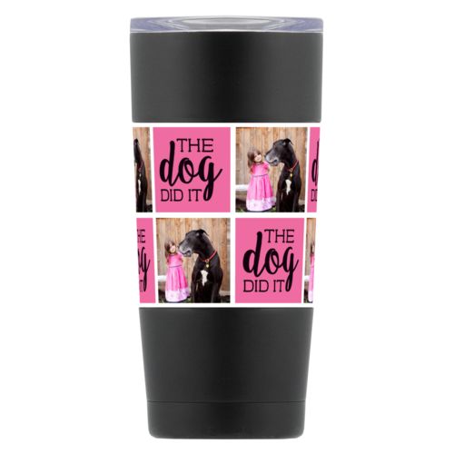 Personalized insulated mugs personalized with photo of girl and dog and "the dog did it"